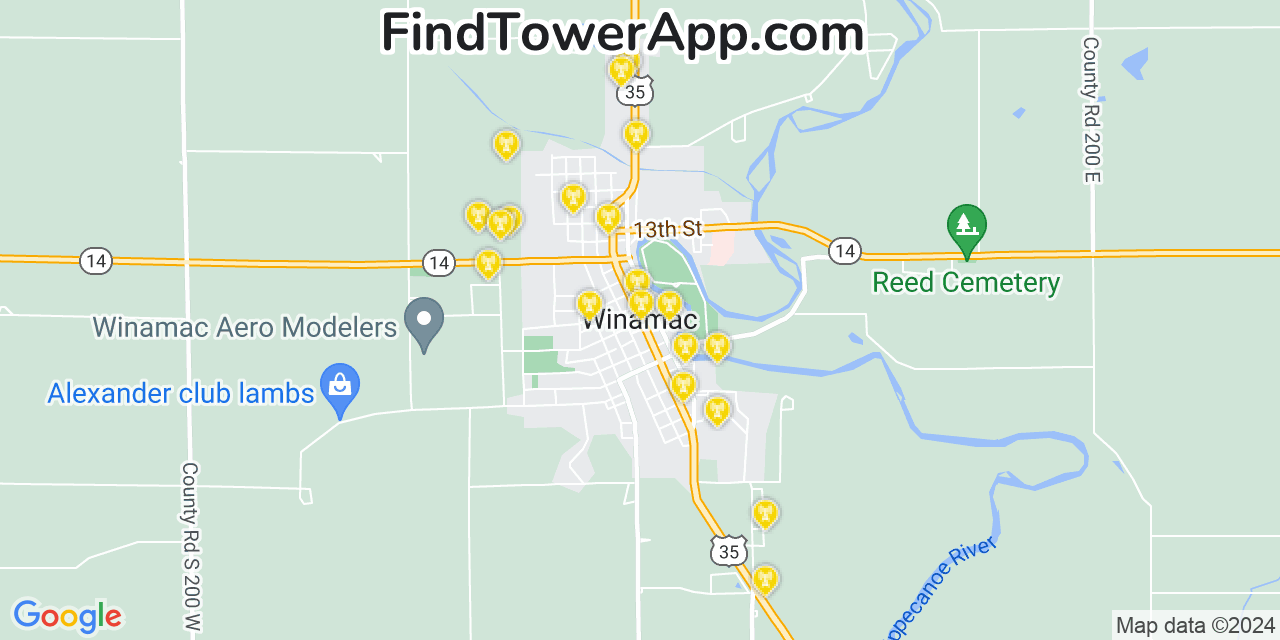 AT&T 4G/5G cell tower coverage map Winamac, Indiana