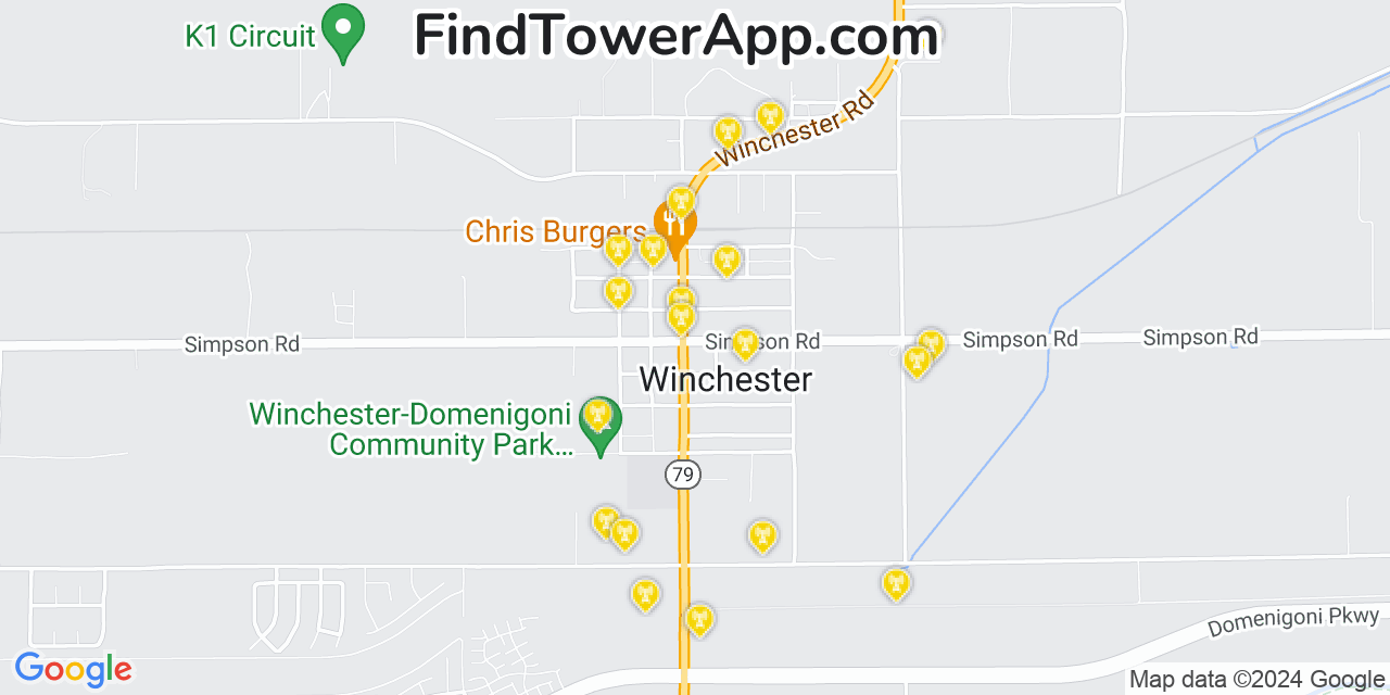 AT&T 4G/5G cell tower coverage map Winchester, California