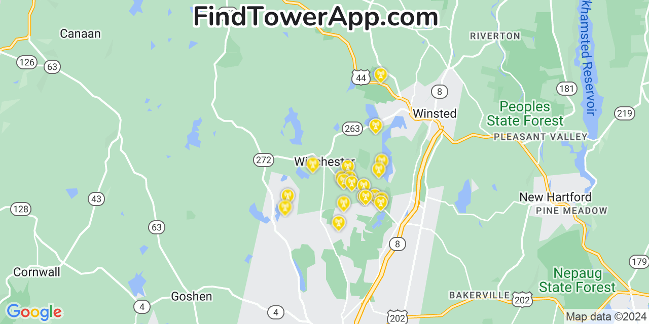 AT&T 4G/5G cell tower coverage map Winchester Center, Connecticut