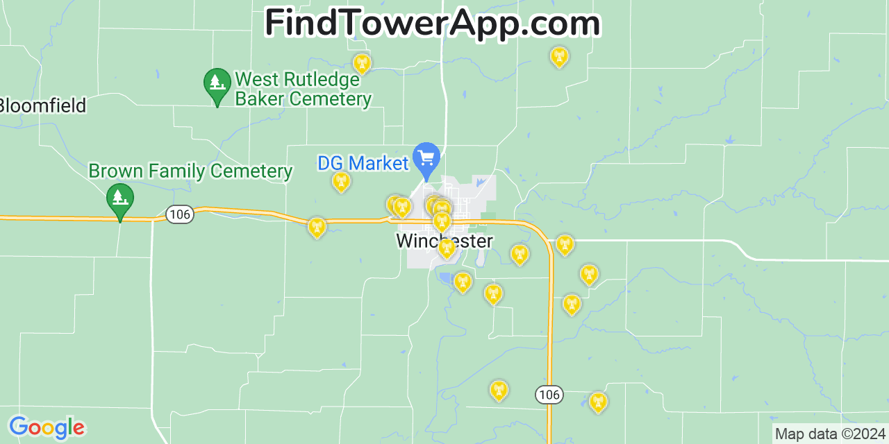 AT&T 4G/5G cell tower coverage map Winchester, Illinois