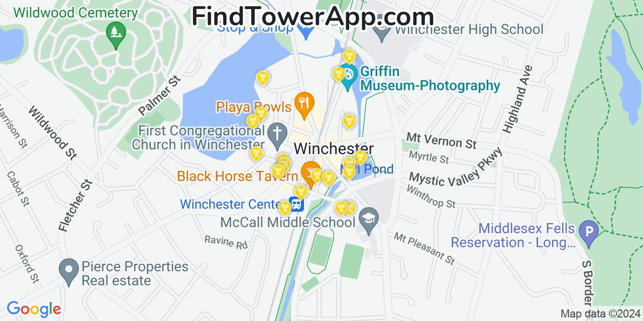 AT&T 4G/5G cell tower coverage map Winchester, Massachusetts
