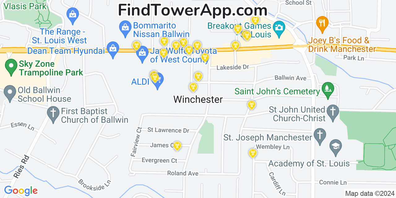 AT&T 4G/5G cell tower coverage map Winchester, Missouri