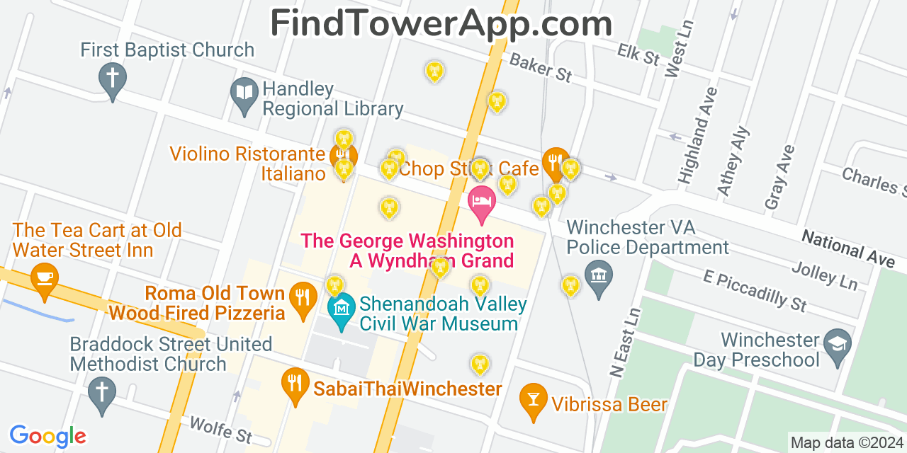 AT&T 4G/5G cell tower coverage map Winchester, Virginia