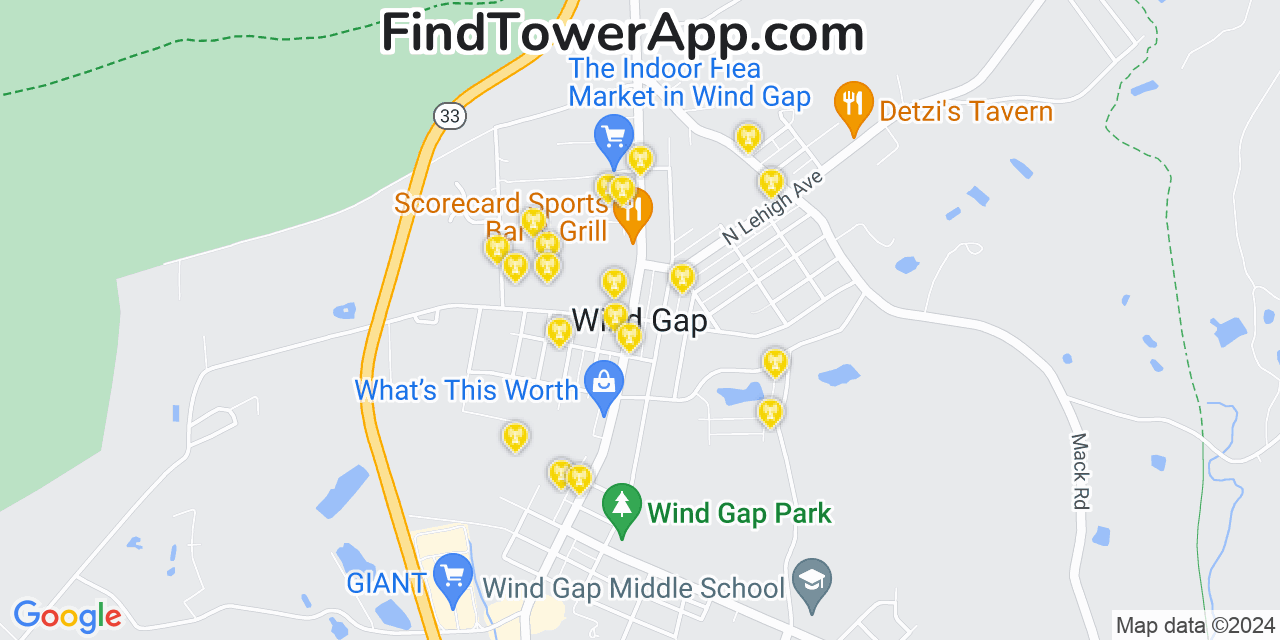 AT&T 4G/5G cell tower coverage map Wind Gap, Pennsylvania