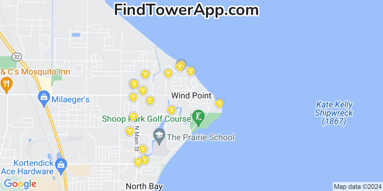 AT&T 4G/5G cell tower coverage map Wind Point, Wisconsin