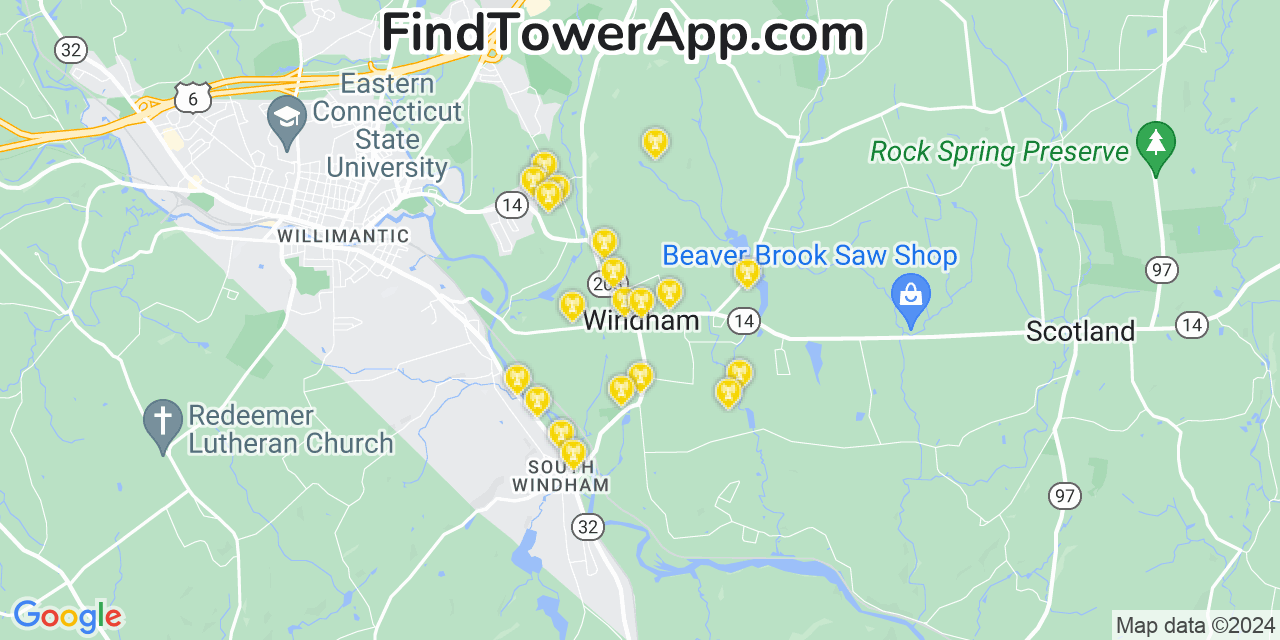 AT&T 4G/5G cell tower coverage map Windham, Connecticut