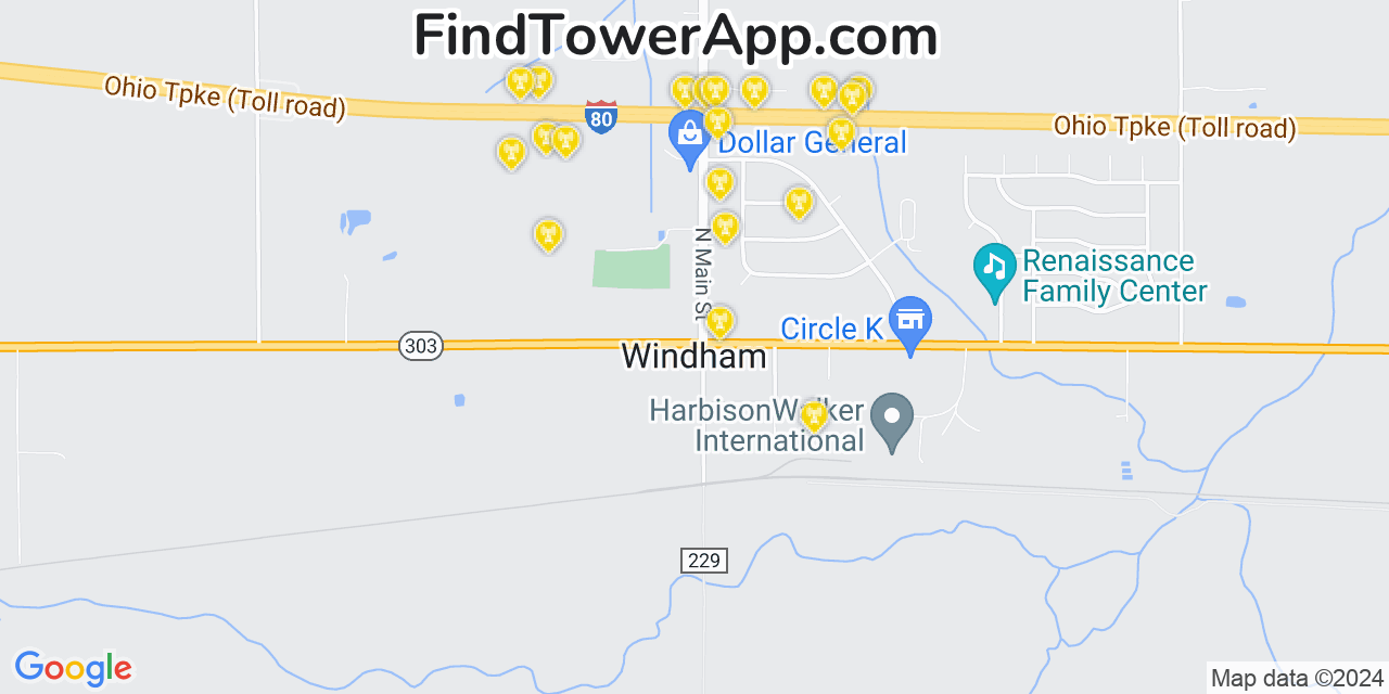 AT&T 4G/5G cell tower coverage map Windham, Ohio