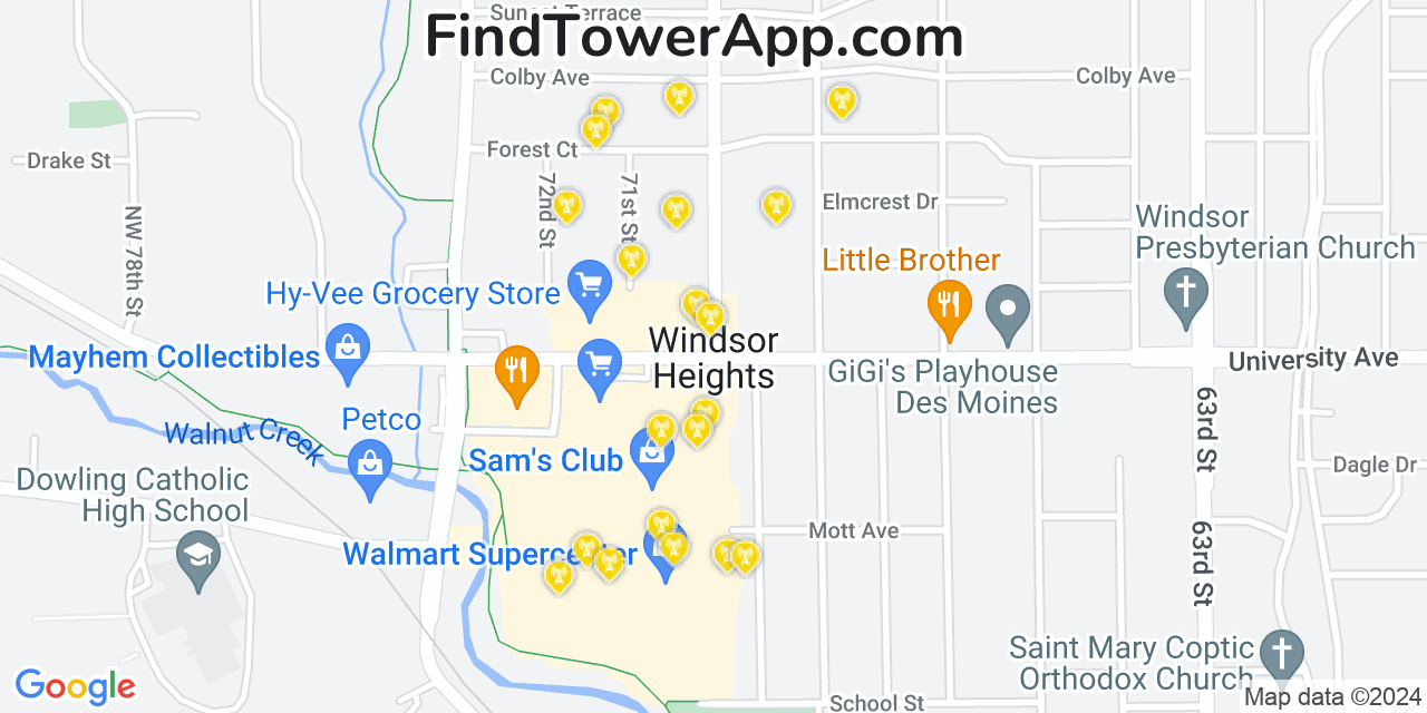 AT&T 4G/5G cell tower coverage map Windsor Heights, Iowa