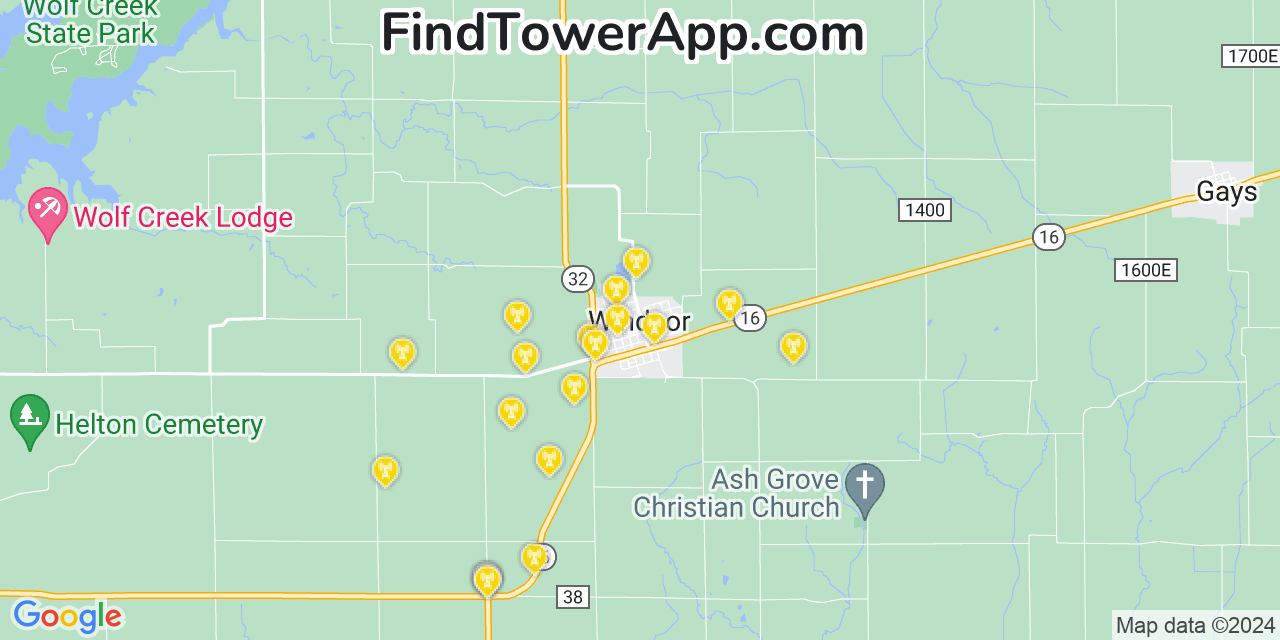 AT&T 4G/5G cell tower coverage map Windsor, Illinois