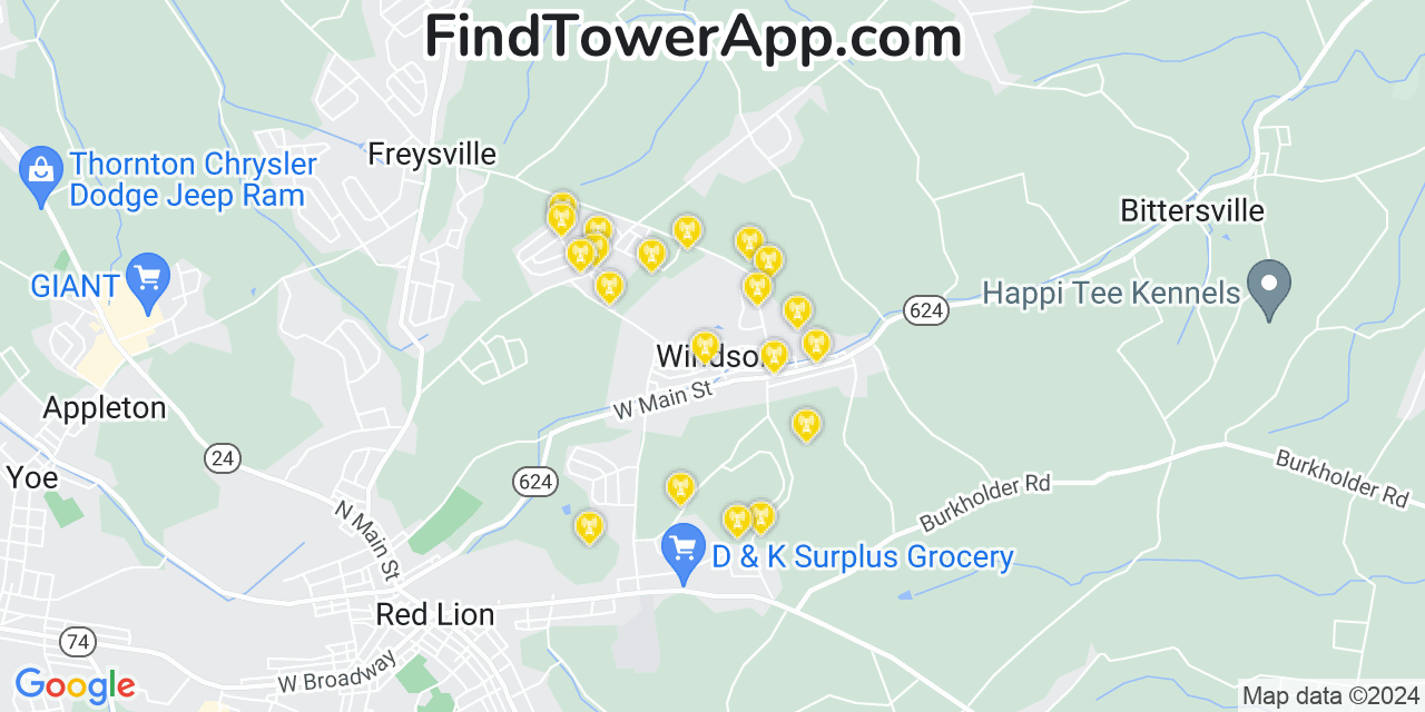 AT&T 4G/5G cell tower coverage map Windsor, Pennsylvania