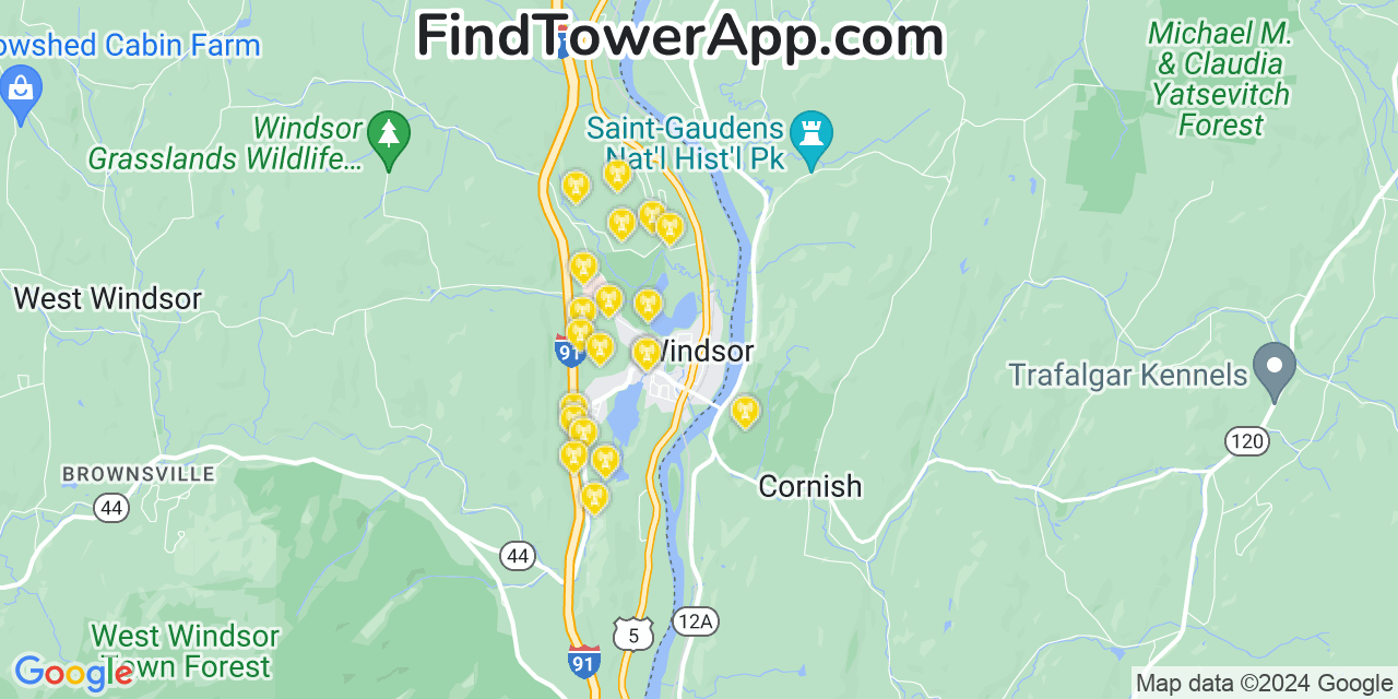 AT&T 4G/5G cell tower coverage map Windsor, Vermont