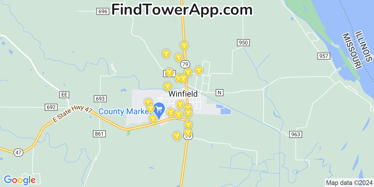 Verizon 4G/5G cell tower coverage map Winfield, Missouri