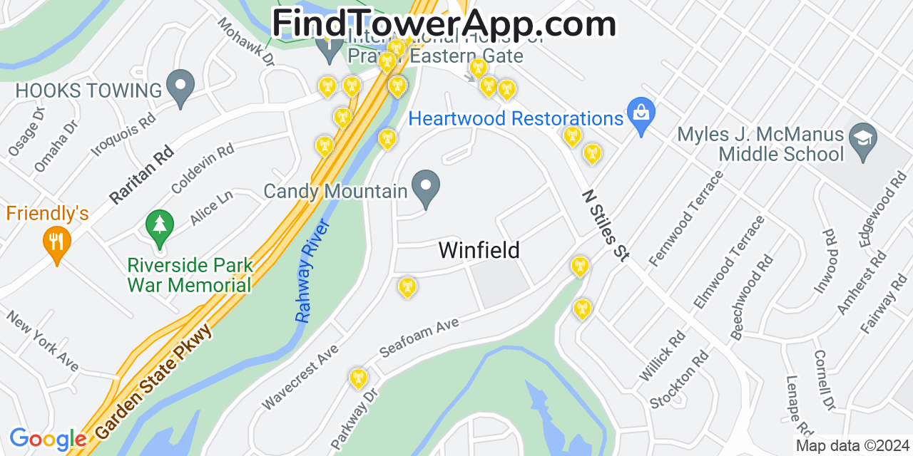 AT&T 4G/5G cell tower coverage map Winfield, New Jersey