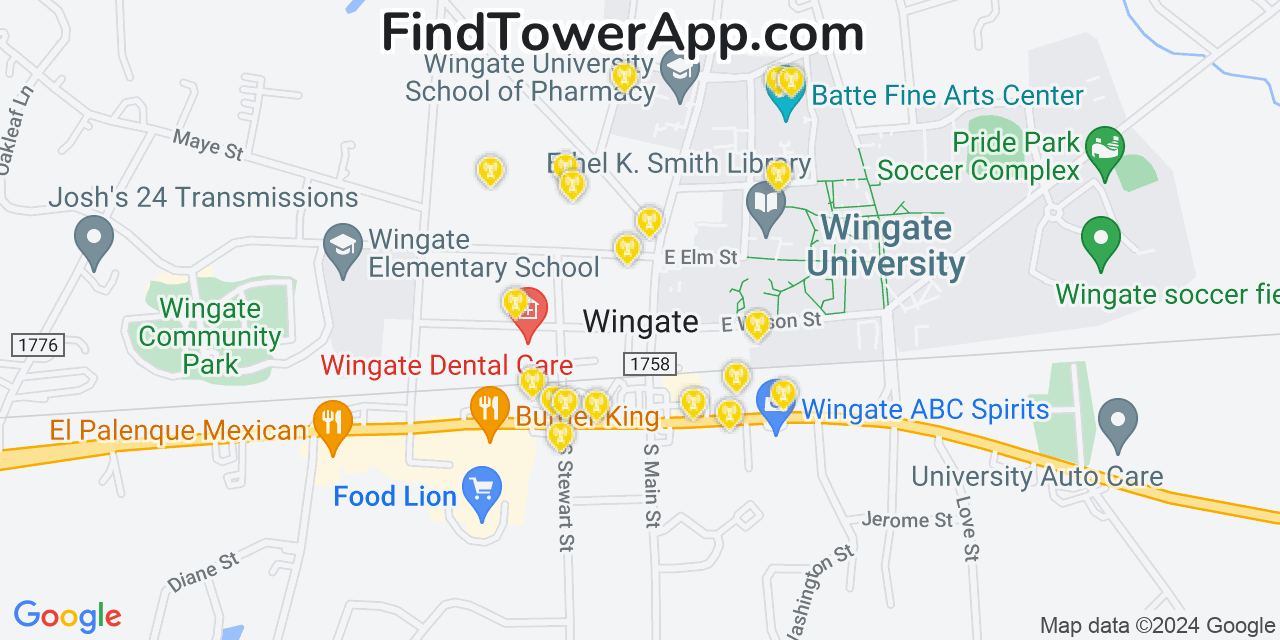 AT&T 4G/5G cell tower coverage map Wingate, North Carolina