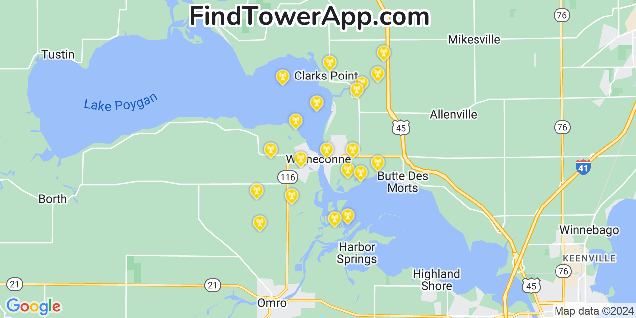 AT&T 4G/5G cell tower coverage map Winneconne, Wisconsin