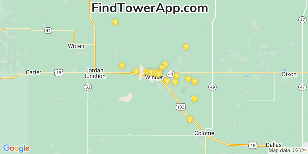 AT&T 4G/5G cell tower coverage map Winner, South Dakota