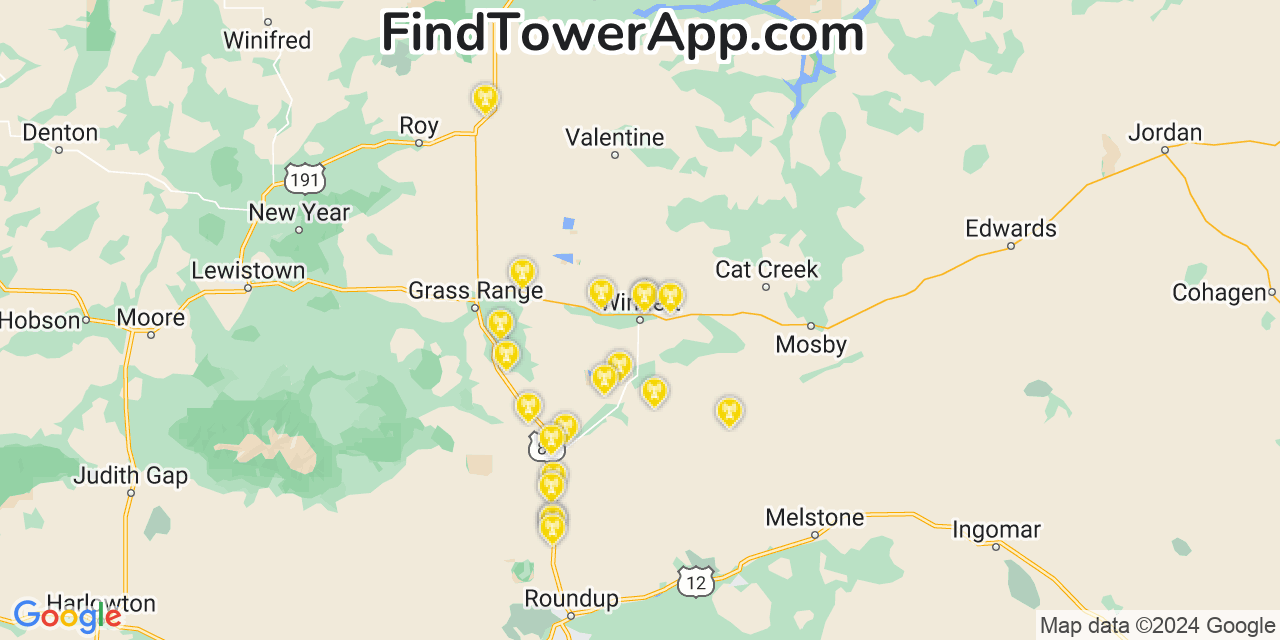 T-Mobile 4G/5G cell tower coverage map Winnett, Montana