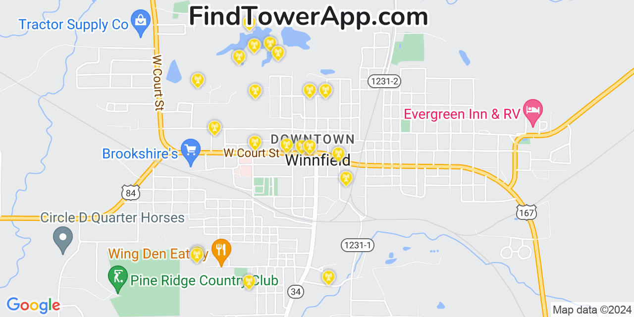 AT&T 4G/5G cell tower coverage map Winnfield, Louisiana