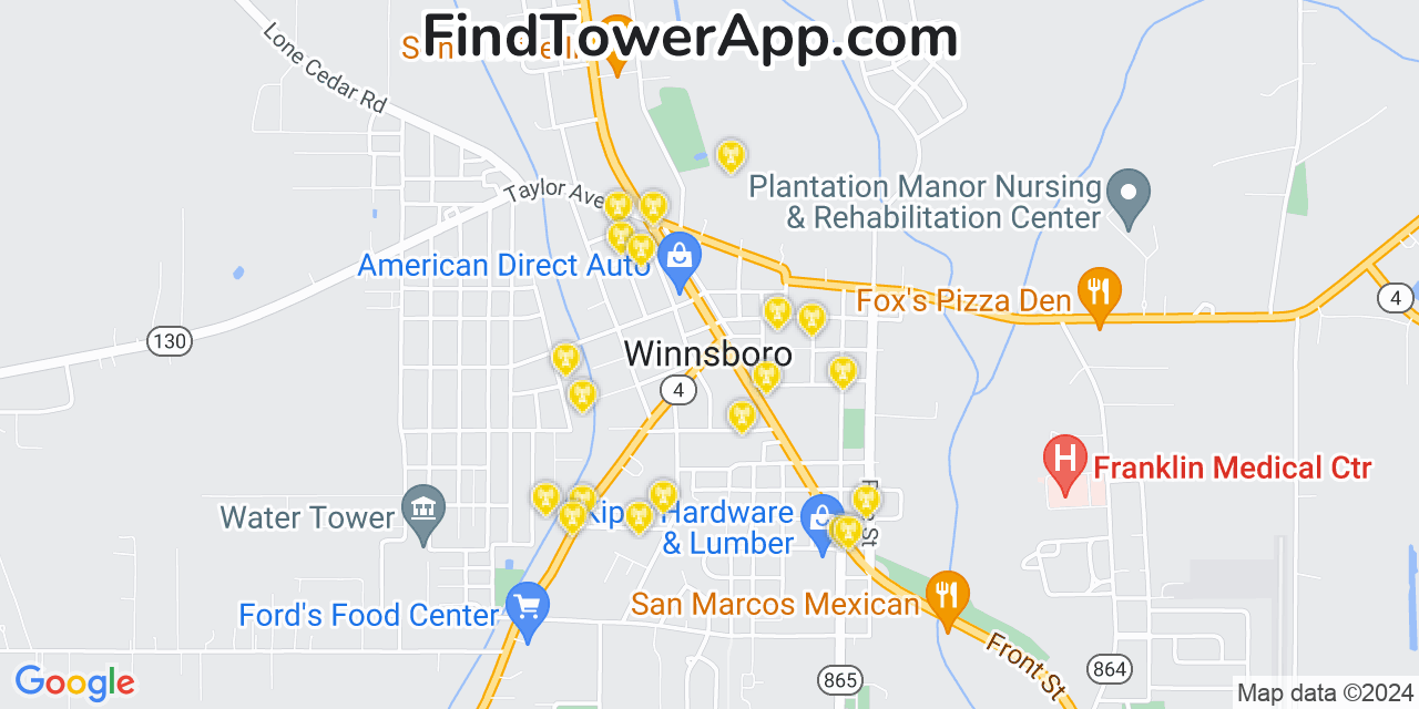 AT&T 4G/5G cell tower coverage map Winnsboro, Louisiana