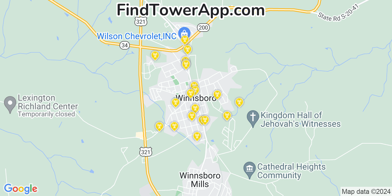 AT&T 4G/5G cell tower coverage map Winnsboro, South Carolina