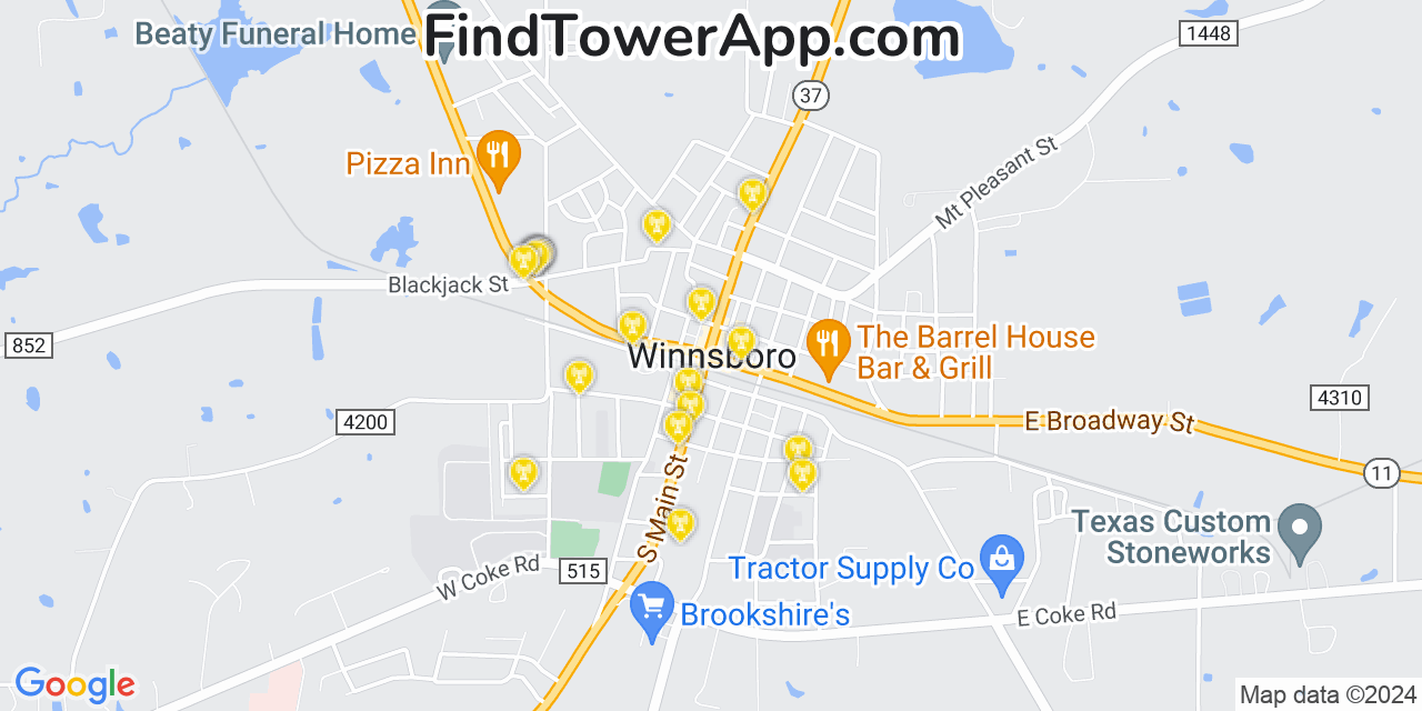 AT&T 4G/5G cell tower coverage map Winnsboro, Texas