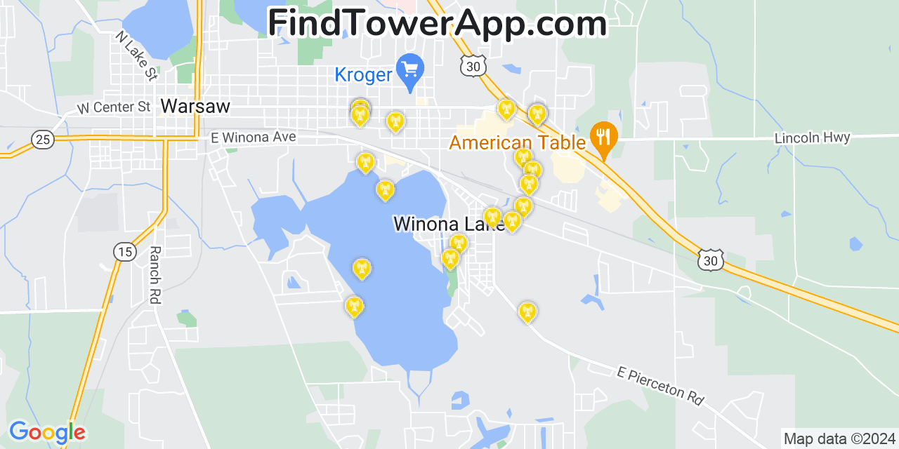 AT&T 4G/5G cell tower coverage map Winona Lake, Indiana