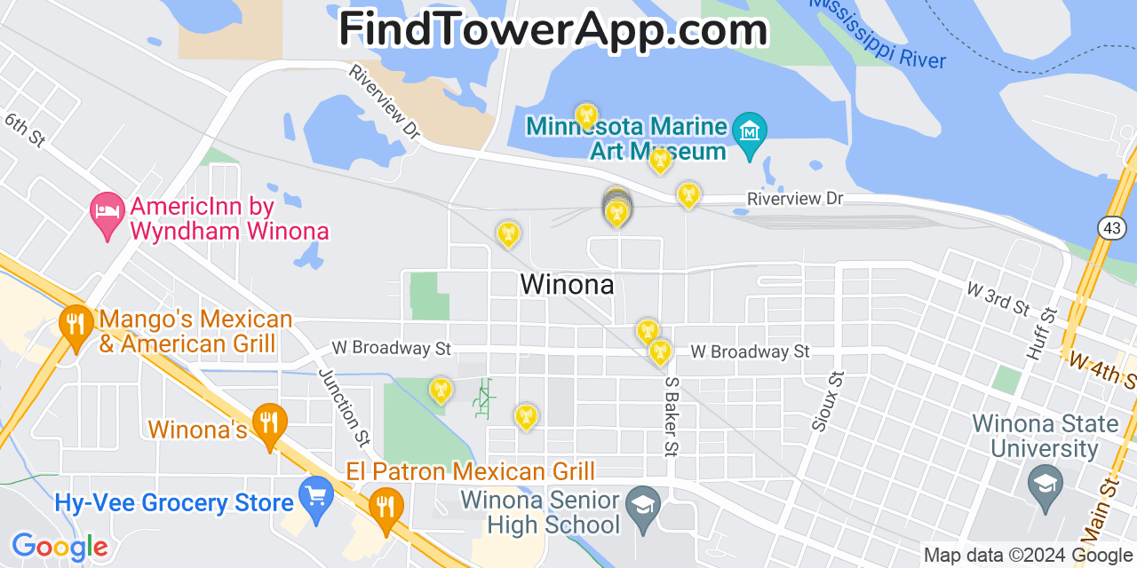 Verizon 4G/5G cell tower coverage map Winona, Minnesota