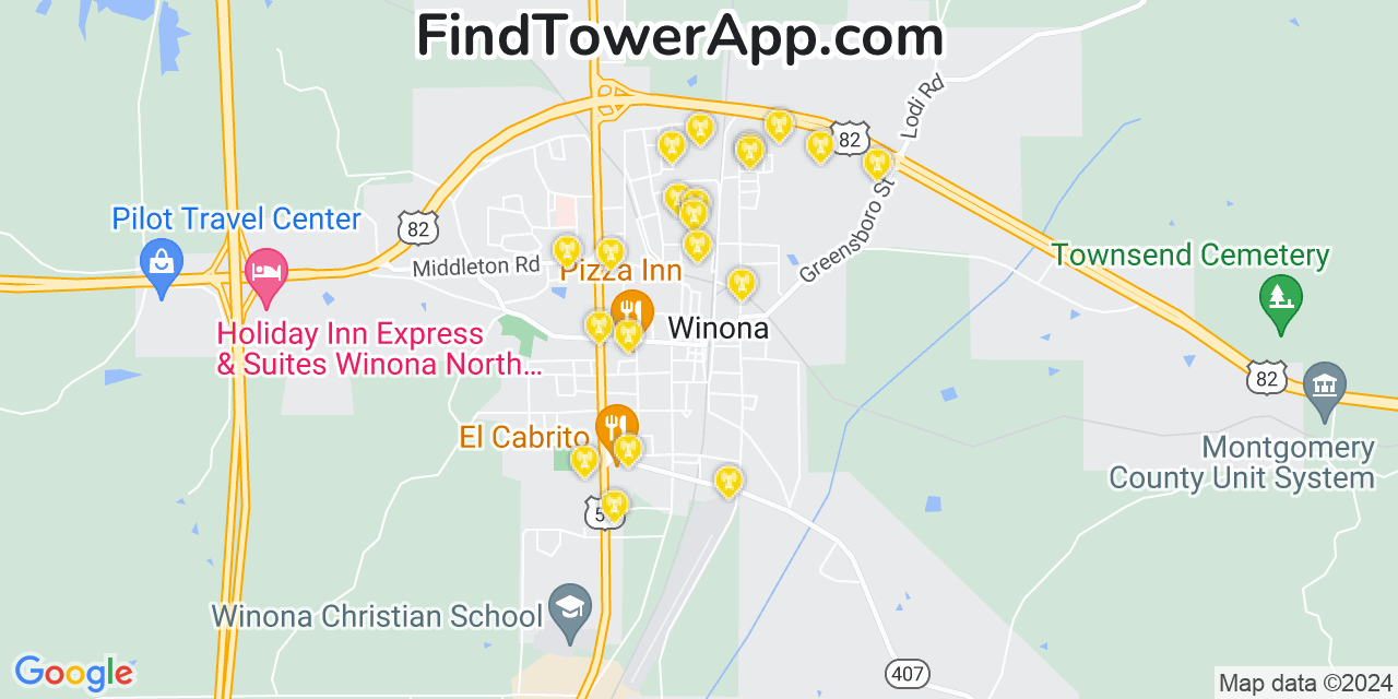 AT&T 4G/5G cell tower coverage map Winona, Mississippi