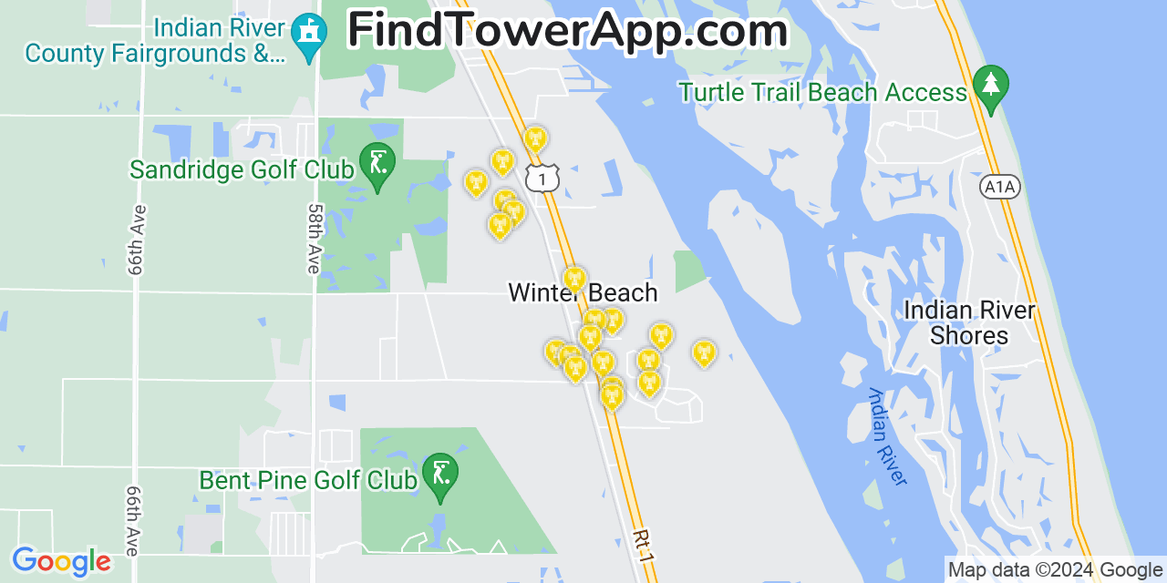 AT&T 4G/5G cell tower coverage map Winter Beach, Florida