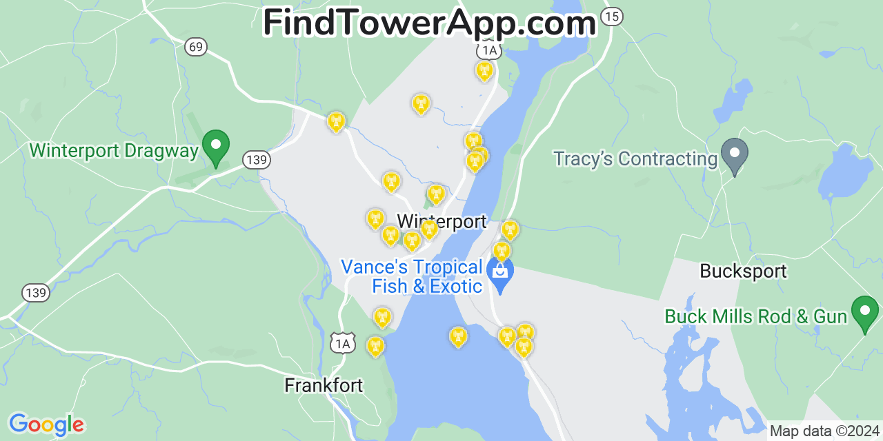 AT&T 4G/5G cell tower coverage map Winterport, Maine