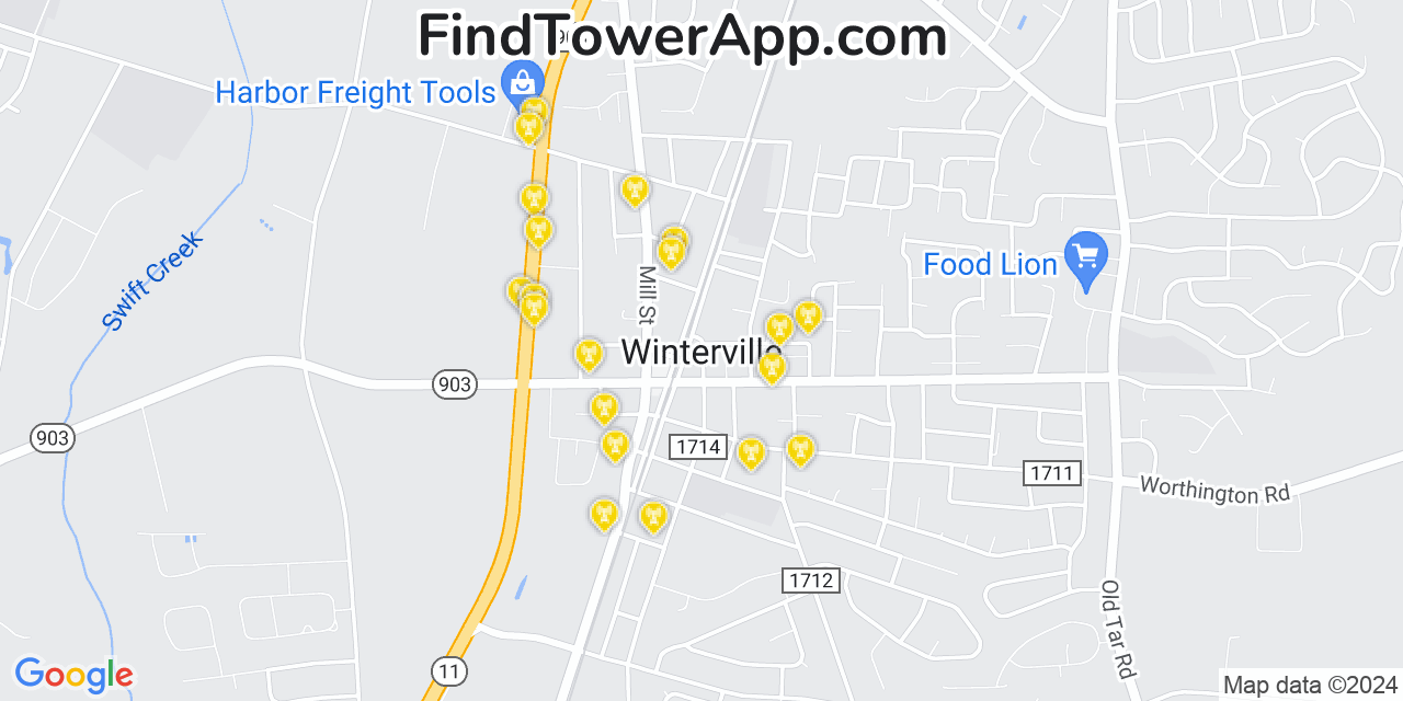 AT&T 4G/5G cell tower coverage map Winterville, North Carolina