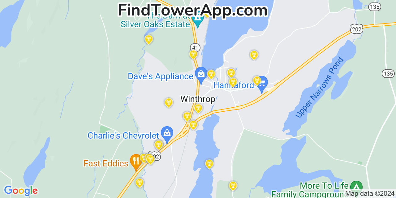 AT&T 4G/5G cell tower coverage map Winthrop, Maine