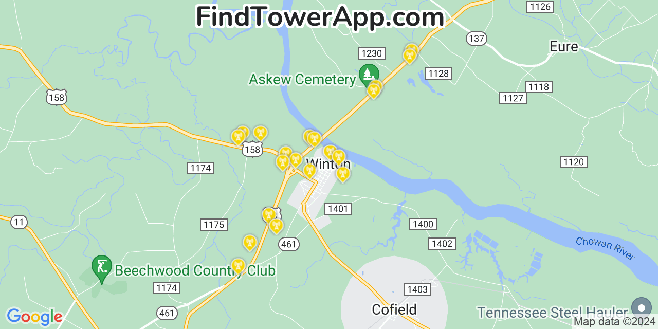 AT&T 4G/5G cell tower coverage map Winton, North Carolina