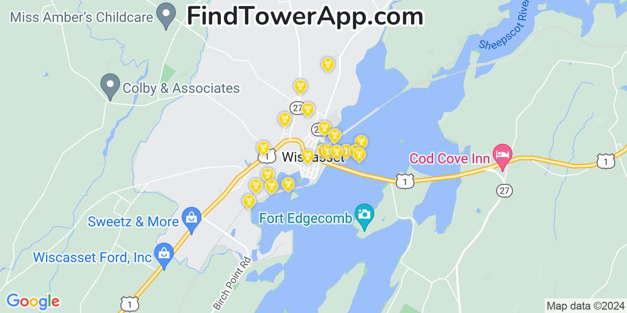 AT&T 4G/5G cell tower coverage map Wiscasset, Maine