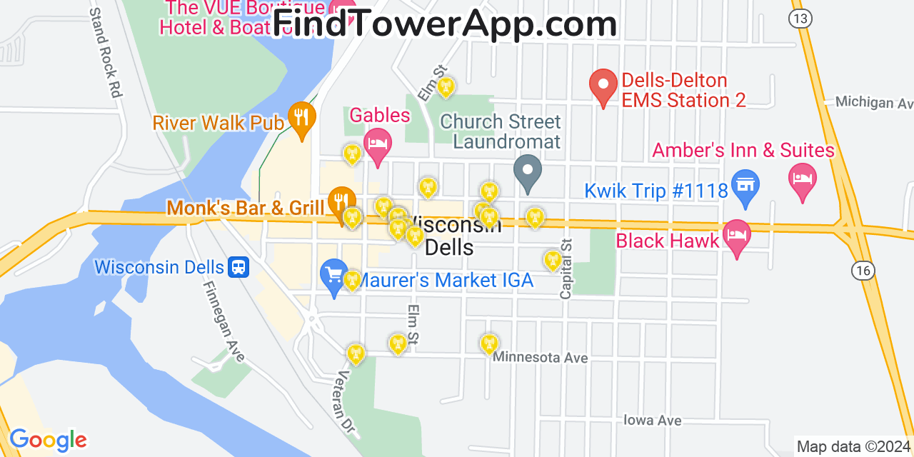 AT&T 4G/5G cell tower coverage map Wisconsin Dells, Wisconsin