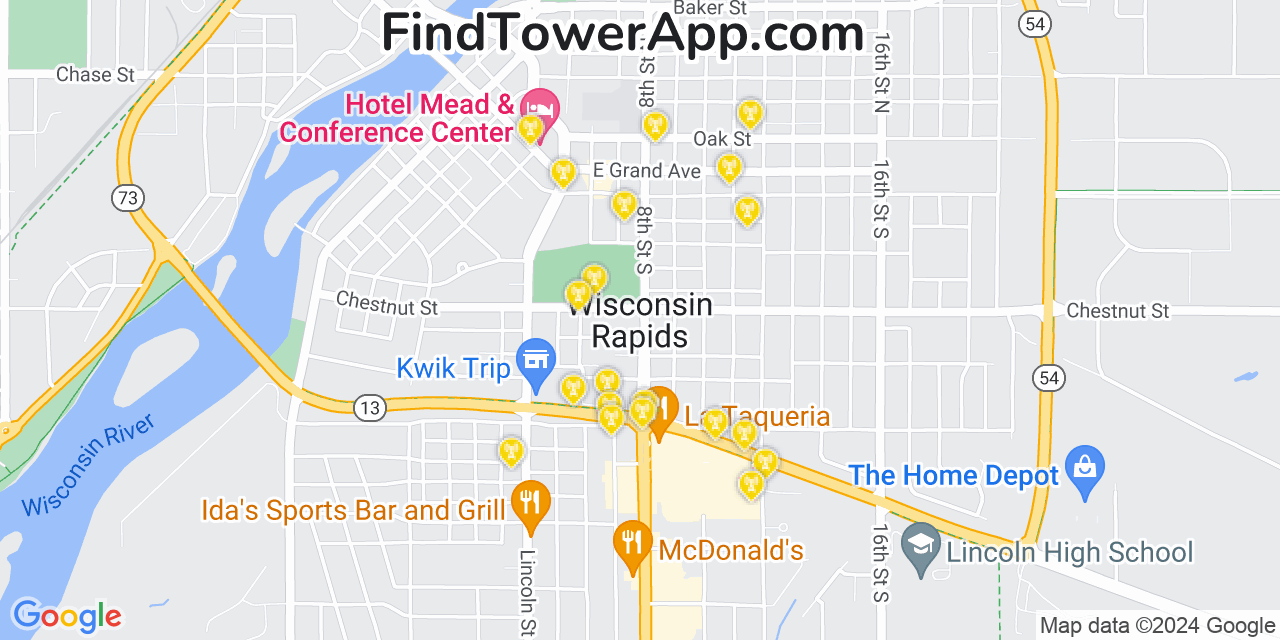 Verizon 4G/5G cell tower coverage map Wisconsin Rapids, Wisconsin