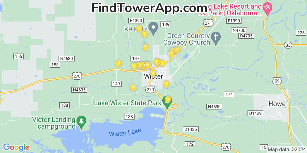 AT&T 4G/5G cell tower coverage map Wister, Oklahoma