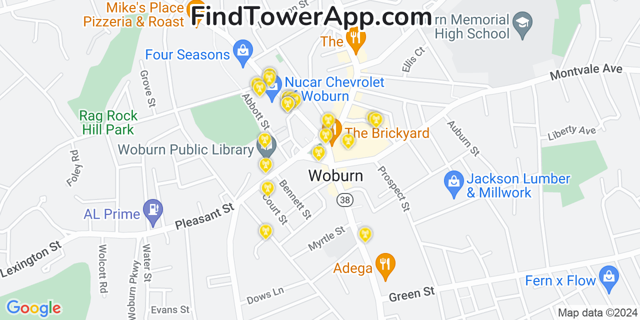 AT&T 4G/5G cell tower coverage map Woburn, Massachusetts