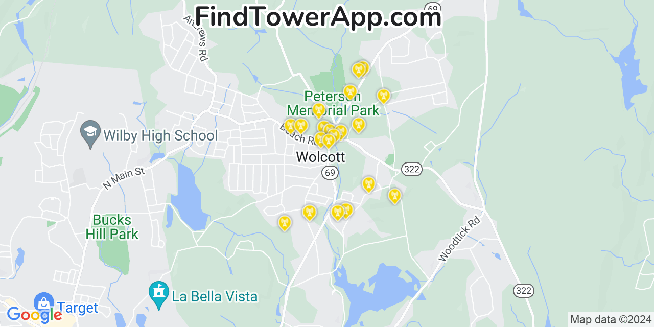 AT&T 4G/5G cell tower coverage map Wolcott, Connecticut