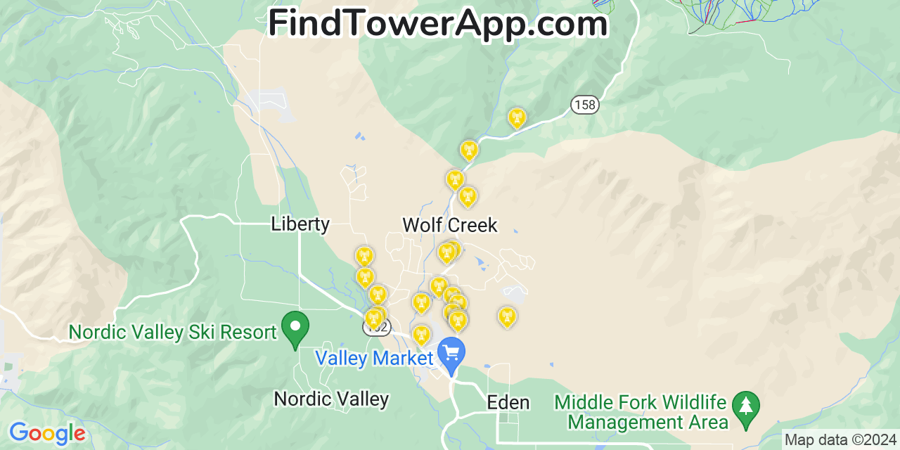 AT&T 4G/5G cell tower coverage map Wolf Creek, Utah