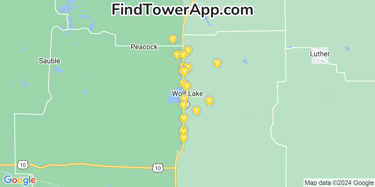 AT&T 4G/5G cell tower coverage map Wolf Lake, Michigan