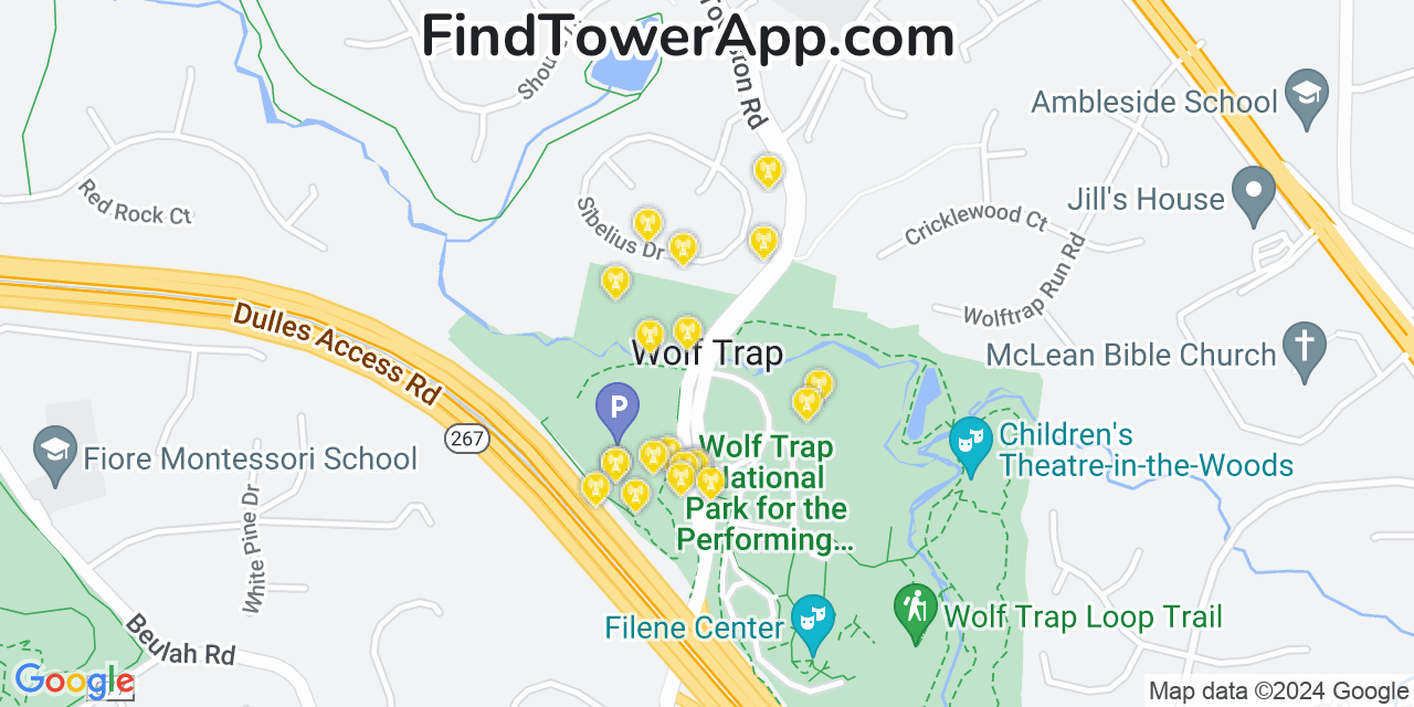 AT&T 4G/5G cell tower coverage map Wolf Trap, Virginia