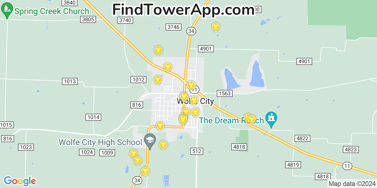 AT&T 4G/5G cell tower coverage map Wolfe City, Texas
