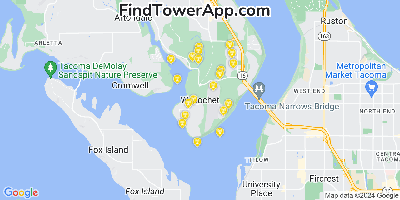AT&T 4G/5G cell tower coverage map Wollochet, Washington