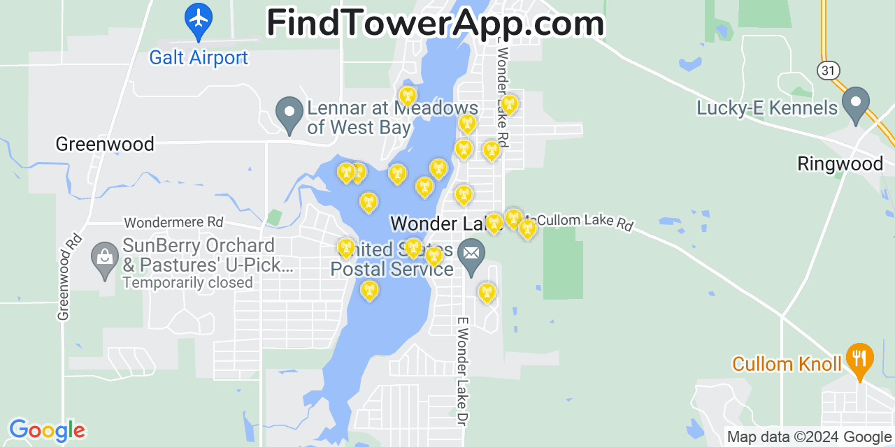 AT&T 4G/5G cell tower coverage map Wonder Lake, Illinois