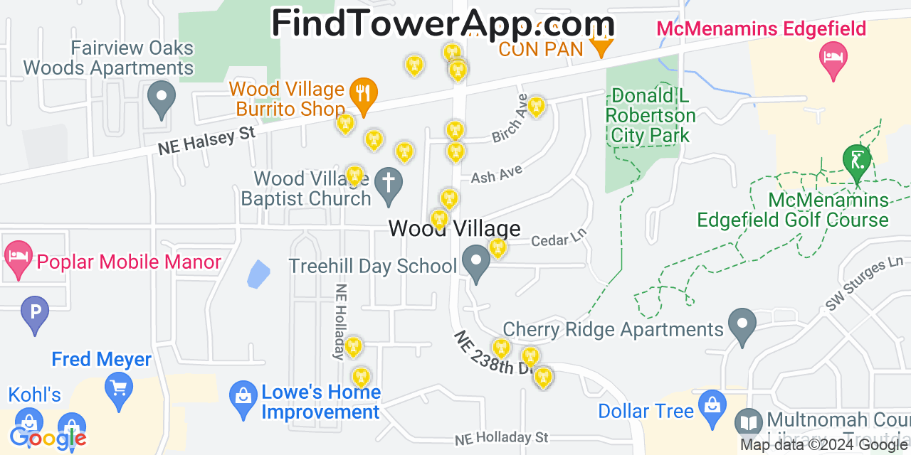 AT&T 4G/5G cell tower coverage map Wood Village, Oregon