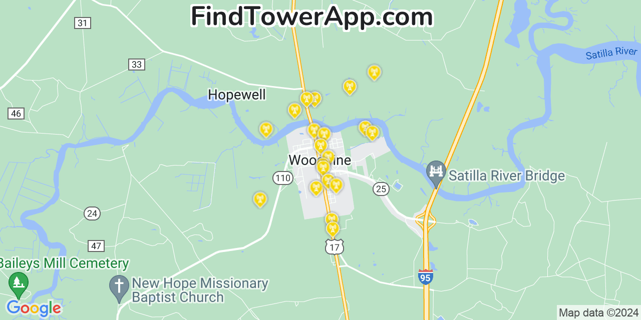 Verizon 4G/5G cell tower coverage map Woodbine, Georgia