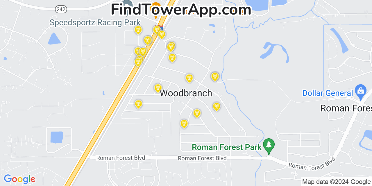 AT&T 4G/5G cell tower coverage map Woodbranch, Texas