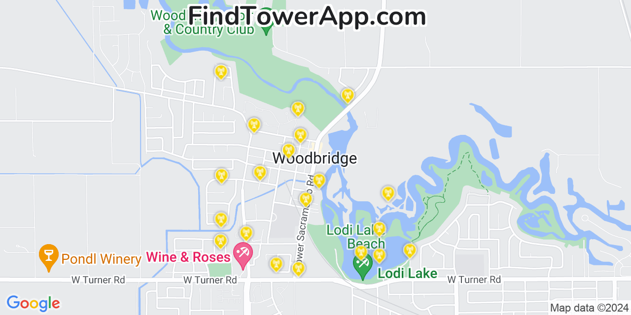 AT&T 4G/5G cell tower coverage map Woodbridge, California