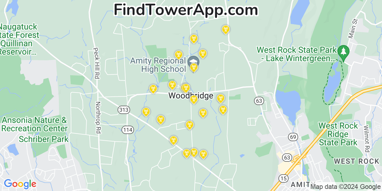 AT&T 4G/5G cell tower coverage map Woodbridge, Connecticut